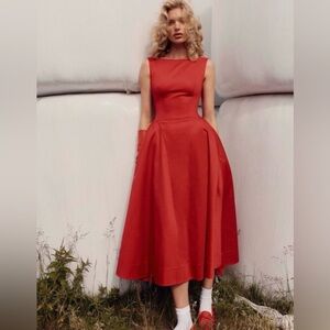 Helsa Red Stretch Cotton Sateen Midi Dress Size Medium NWOT